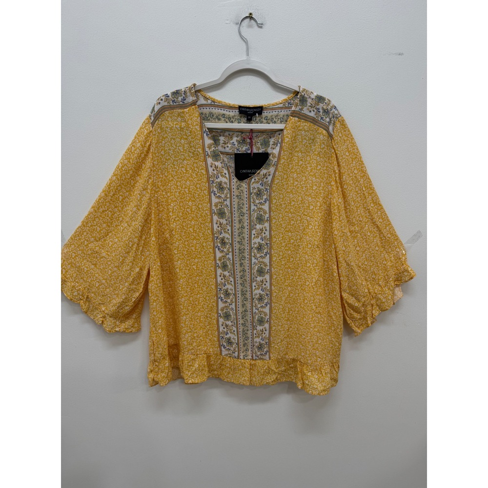 Cynthia Rowley Blouse 2X Yellow Floral Boho Ruffle Bell Sleeve V-Neck Top - Picture 3 of 8